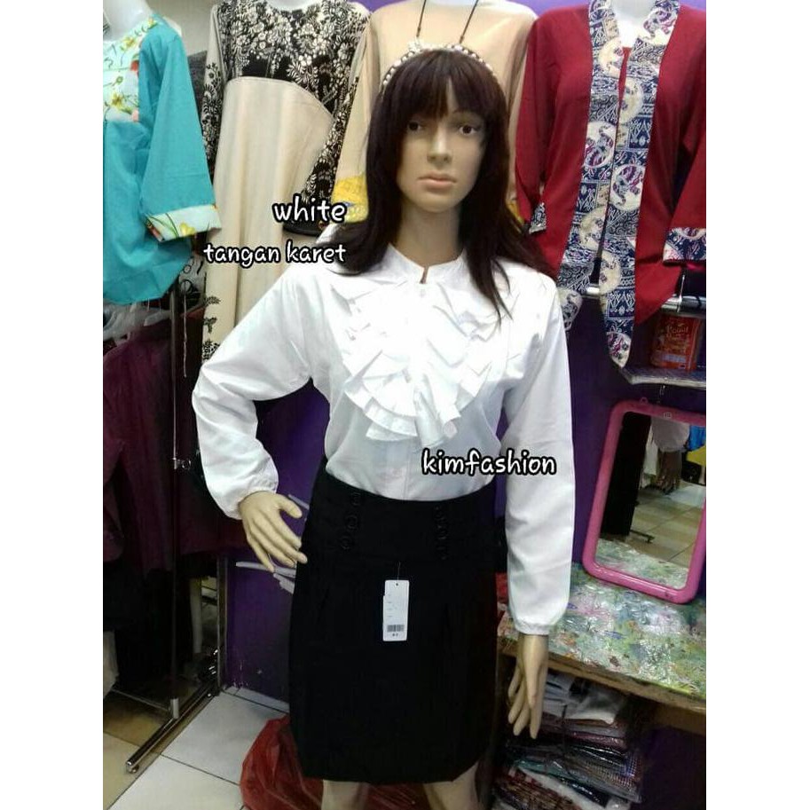 Atasan Wanita Kemeja Kerja Putih Ruffle/Rumbai/Dalaman Blazer