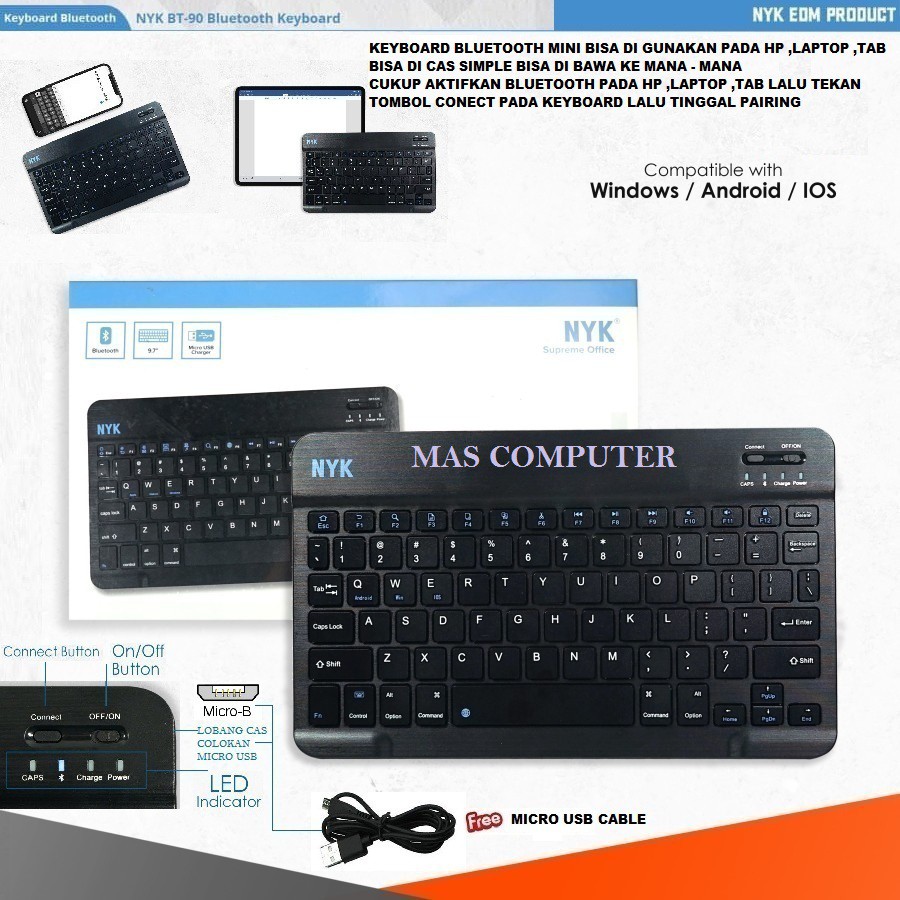 NYK Keyboard Bluetooth BT90 / Keyboard Bluetooth Mini Slim Bisa di pakai di Laptop / Android