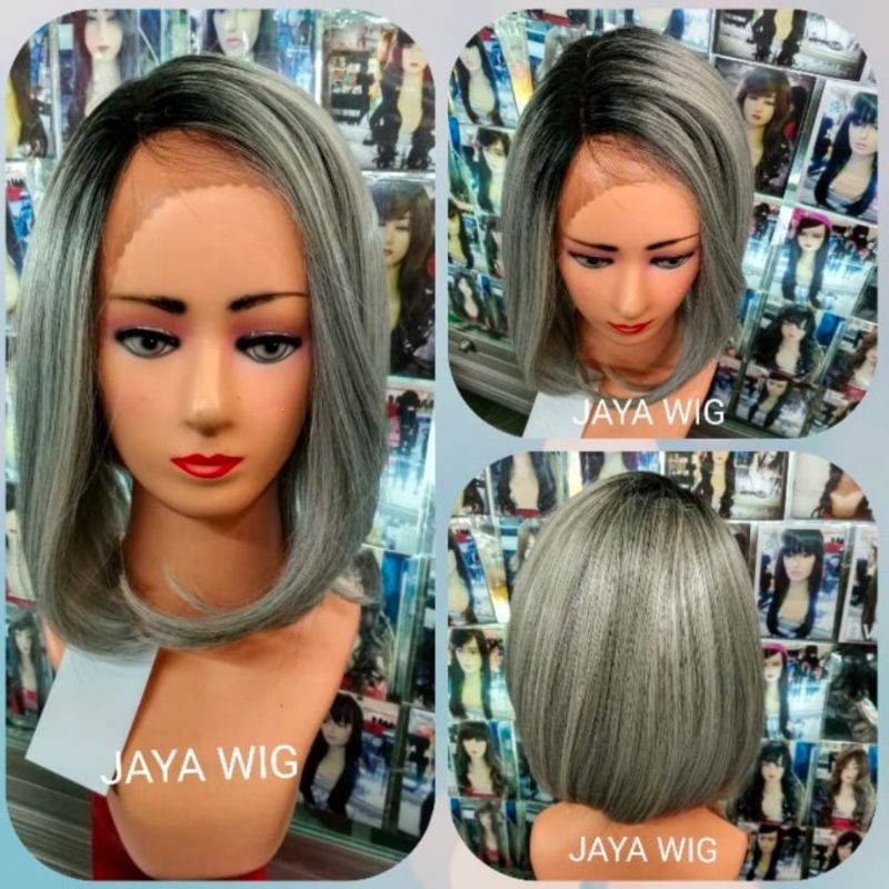 Rambut Palsu Wanita Pendek Bob Warna Silver Ombre Wig Pendek