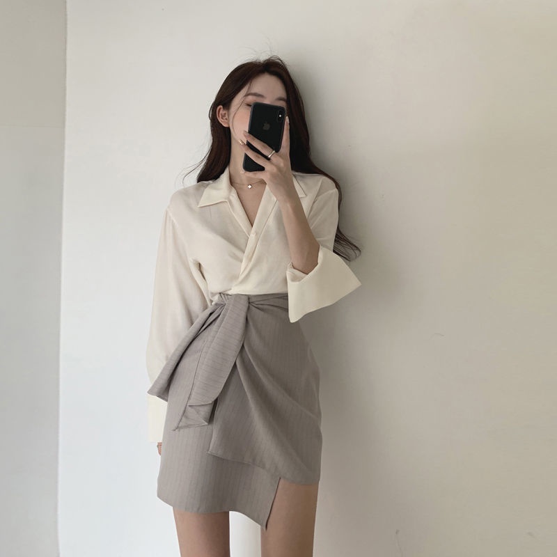 Blus setelan geng + set dua potong rok A-line pinggang tinggi