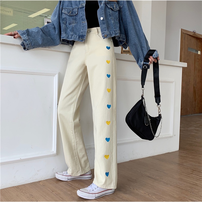 korea style celana jeans highwaist wanita heart embroidery boyfriend pants