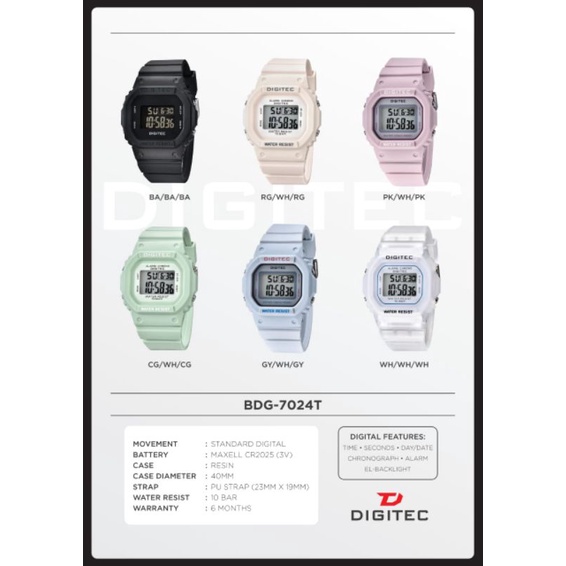 JAM  TANGAN WANITA DIGITEC DG 7024 ORIGINAL TAHAN AIR 10 BAR LILAC RUBBER DIGITAL DISPLAY