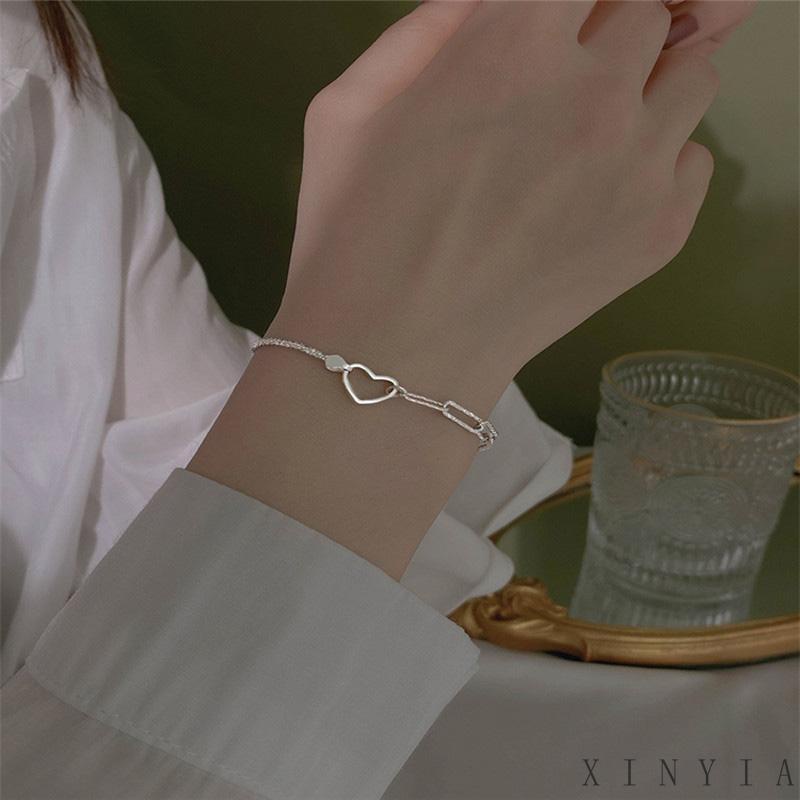 【Bayar di tempat】Gelang Rantai Asimetris Desain Hati Hollow Untuk Wanita Korea Gelang Fashion Ganda Cinta Hati Bangle Wanita Perhiasan Aksesoris