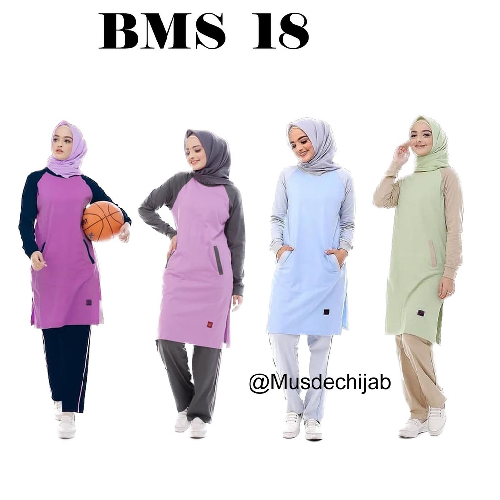 Set Baju  Kaos OlahRaga  Wanita Muslimah BMS 18 Bahan  Katun 