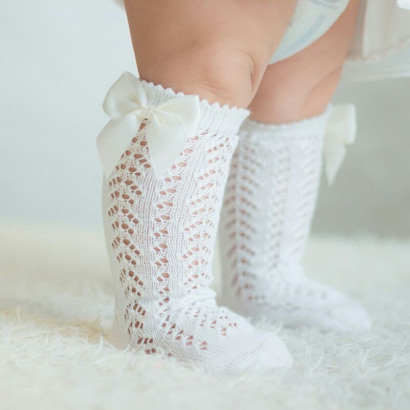 Kaos kaki bayi jaring premium renda pita panjang selutut ribbon baby socks