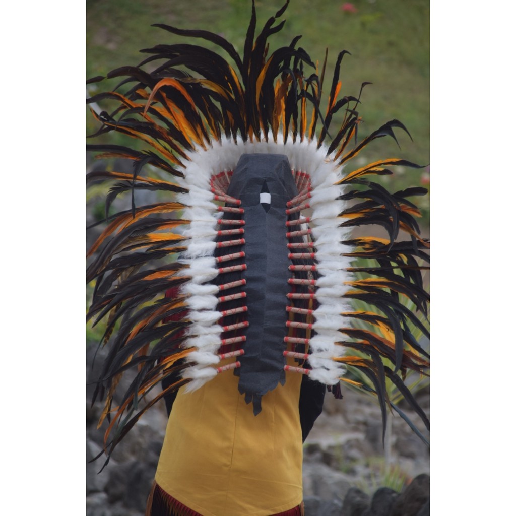 TOPI INDIAN - INDIAN HEADDRESS MEDIUM AYAM BILABONG ORANGE FUR PUTIH