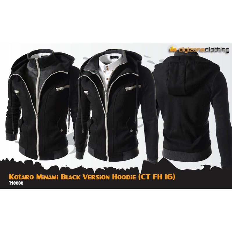Jaket Pria Kotaro Minami Kamen Rider Semi Cosplay Casual Hoodie Fleece Double Zipper Hitam Abu - CT 