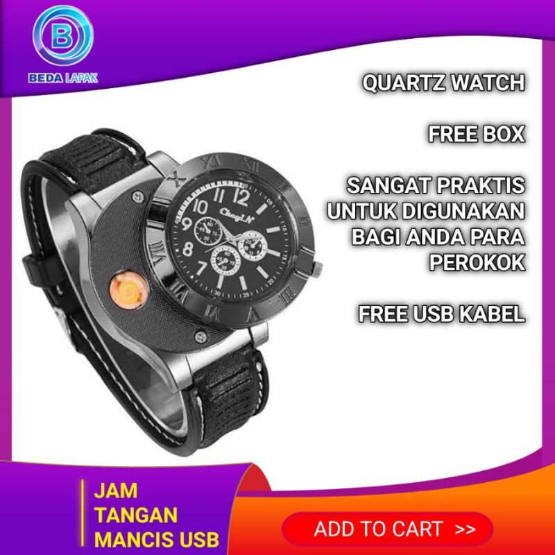 Jam Tangan Mancis USB Jam Tangan Analog Pria Korek Api Gas Mancis