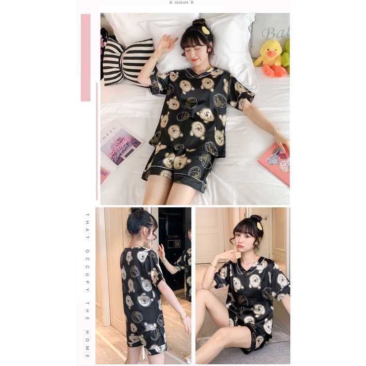 Set piyama sutra wanita 1set pakaian tidur kaus longgar kartun lucu lengan pedek+celana pendek