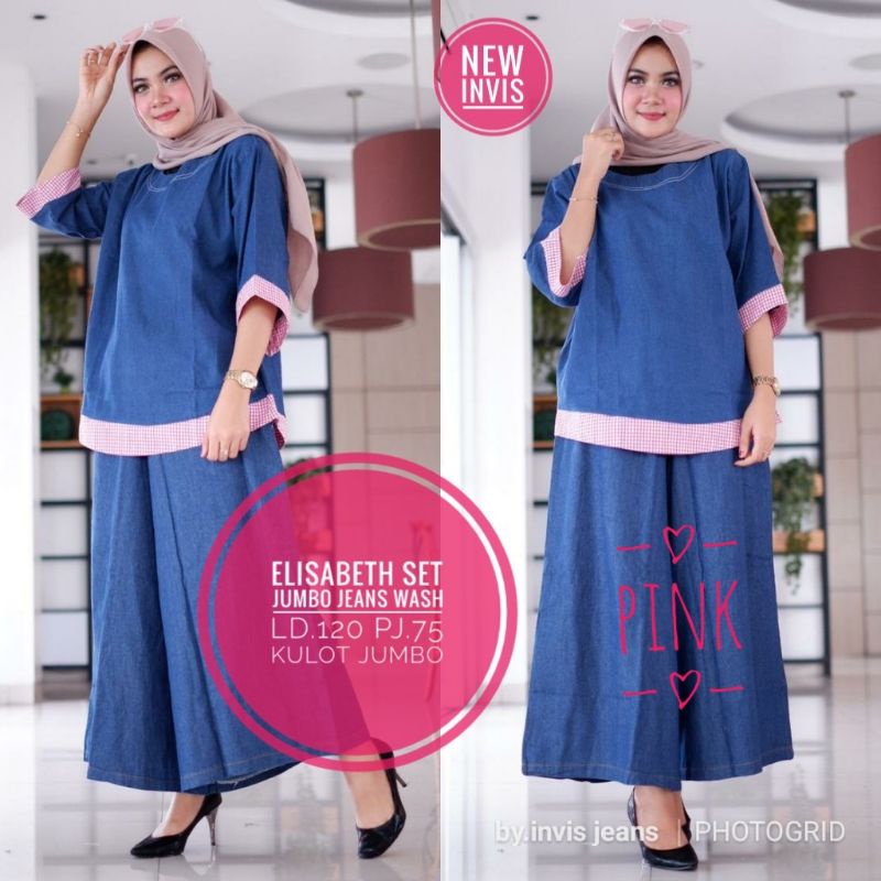 Elisabeth One Set Setelan Kulot Tunik Jumbo Jeans Motif Tartan Kotak Ld 120 Fit XXXL By Invis