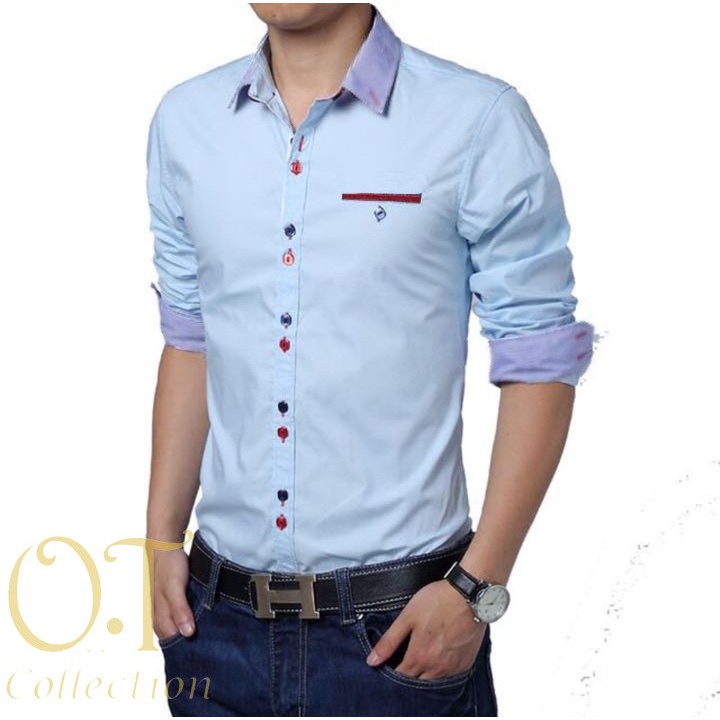 [hem vincent variasi warna OT] kemeja pria katun stretch navy/putih/biru/hijau