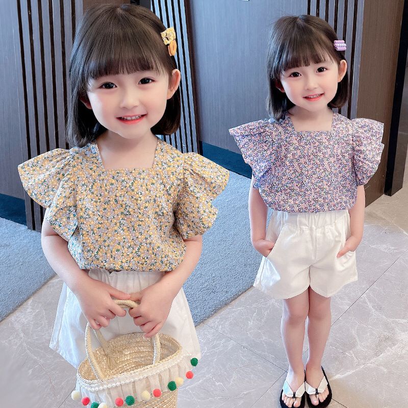 (LOLI-JKT) BS-245 SET PAKAIAN ANAK CEWEK MOTIF BUNGA KUNING &amp; UNGU +CELANA SIZE 100-140