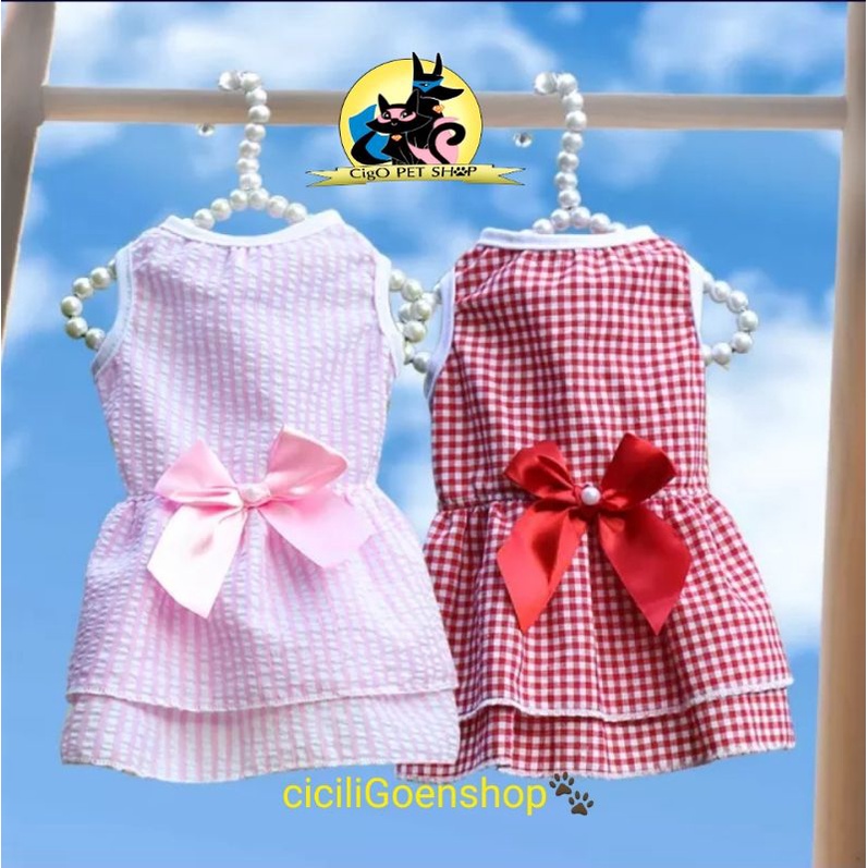 Baju anjing kucing dress merah kotak pita rok seragam