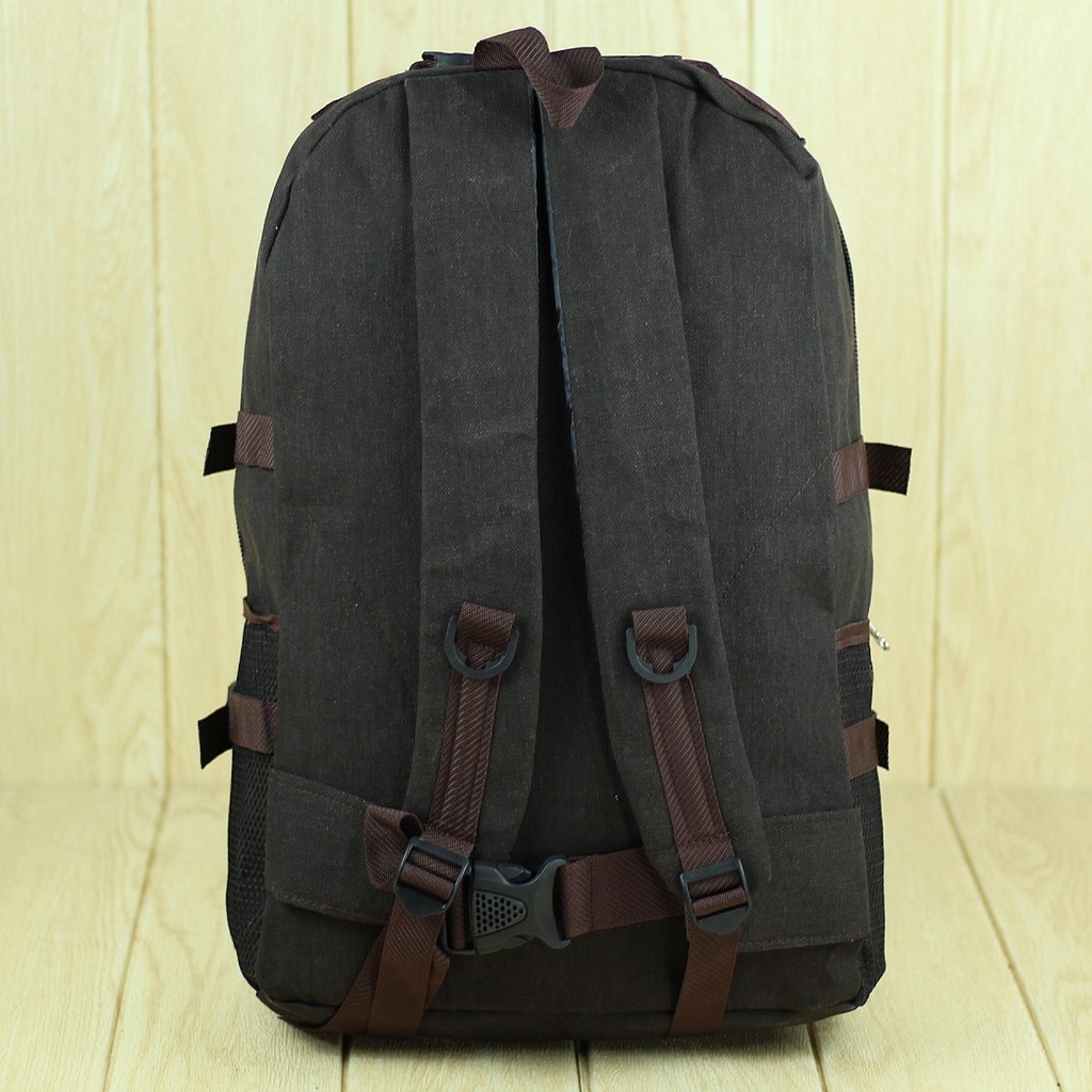 Tas Ransel Kanvas Jahit Coklat Tua Desain Distro Back Pack Cowok Pria