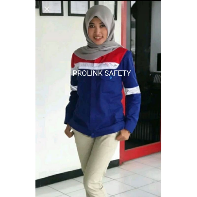 BAJU SERAGAM SAFETY PERTAMINA BIRU MERAH PUTIH FREE LOGO K3 BENDERA DRILL RESLETING