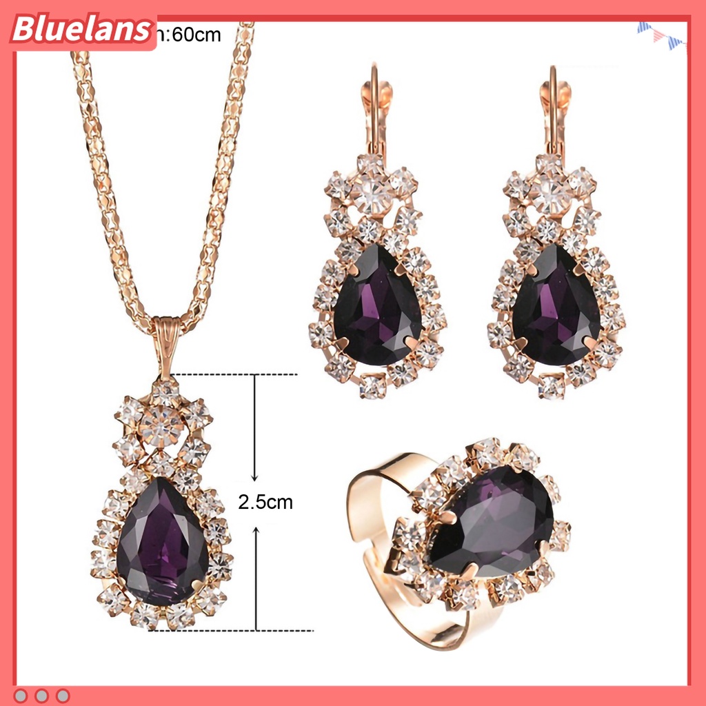 3pcs / Set Kalung Anting Cincin Liontin Water Drop Berlian Imitasi Bahan Alloy Warna Cerah Untuk Aksesoris