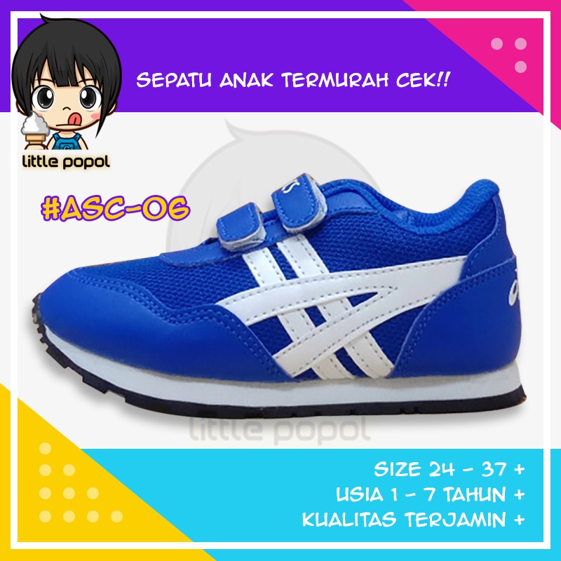 Sepatu Kets Sekolah Olah Raga Asics Anak Anak Kids Laki Laki Branded Murah Bagus Biru Putih ASC-06