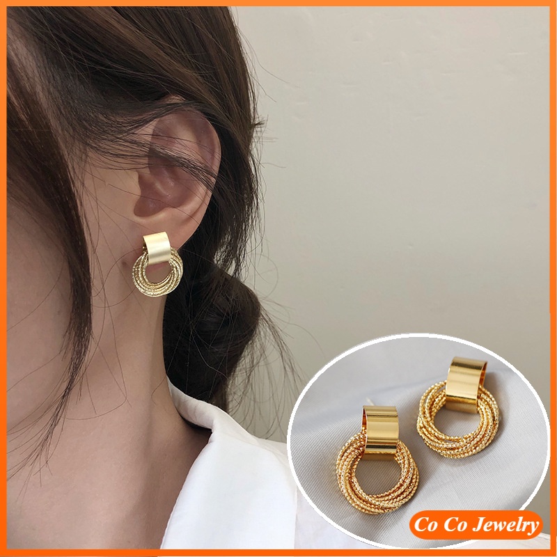 Anting Stud S925 Silver Needle Multilayer Bentuk Lingkaran Geometris Gaya Korea Untuk Wanita