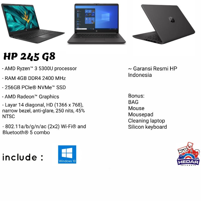 HP 245 G8 Ryzen 3 5300U 4Gb 256GB AMD Radeon W10 14 HD
