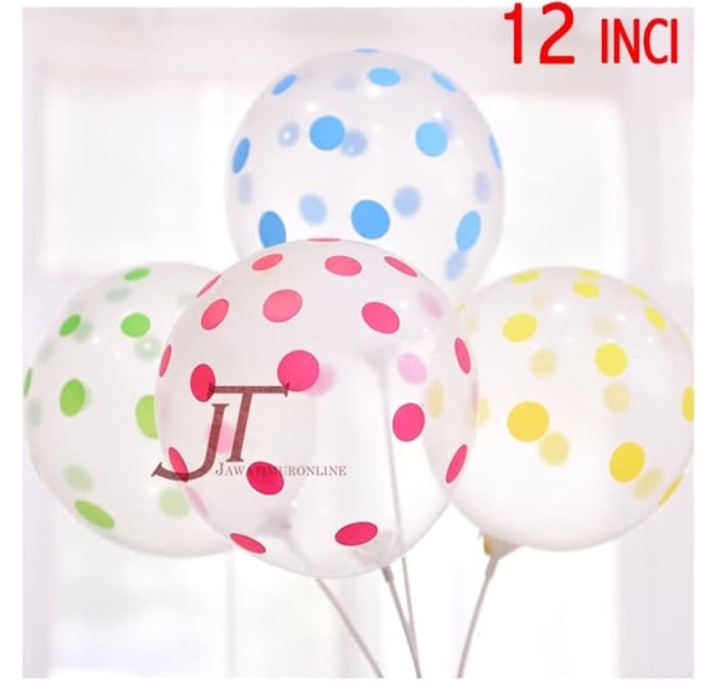 Balon Latex Polkadot Transparan 12 INCI (isi 5 Biji) Balon transparan