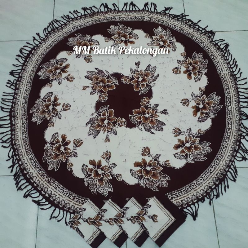 Taplak Meja Makan Bundar Bulat 4 Kursi Batik Cap Motif Remekan