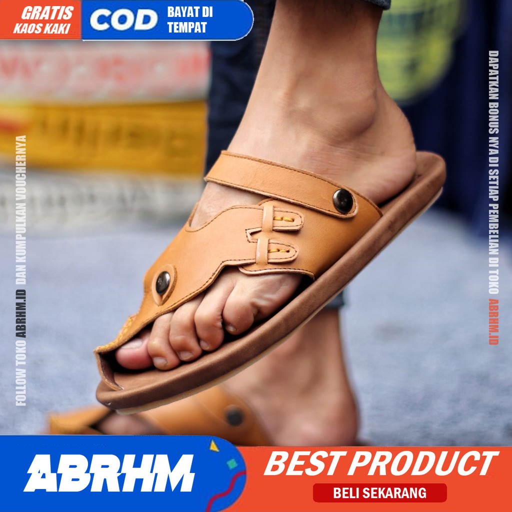 ABRHM x LUCKY Sandal Jepit Pria Sandal Pria Kulit Asli Sendal Jepit Cowok / Cowo Keren Ori Kekinian