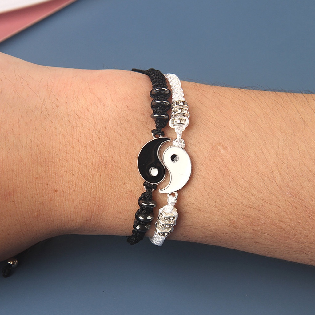 Hu Hu Hu Hu Hu Alat Bantu Pasang Kacamata♡ 2pcs Gelang Rajut Tangan Adjustable Desain Yin Yang 2 Hias Berlian Imitasi Untuk Pria / Wanita / Pasangan