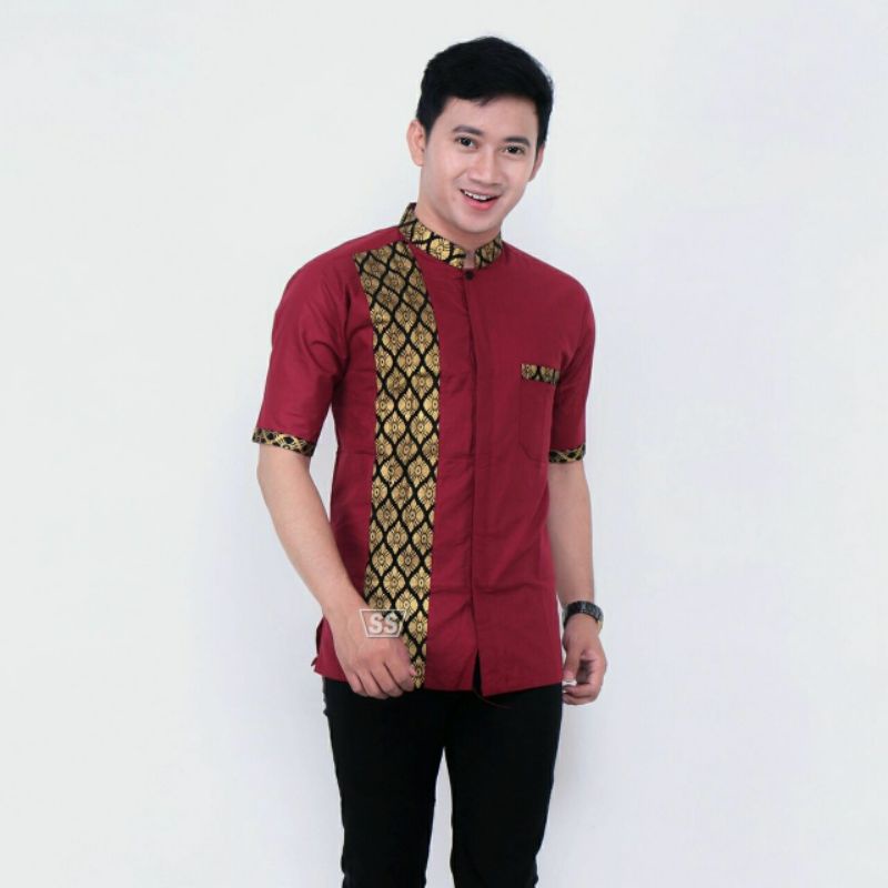 BAJU KOKO KOMBINASI BATIK LENGAN PENDEK BAJU MUSLIM PENDEK BAJU KOKO MUSLIM LENGAN PENDEK SISIK PEND