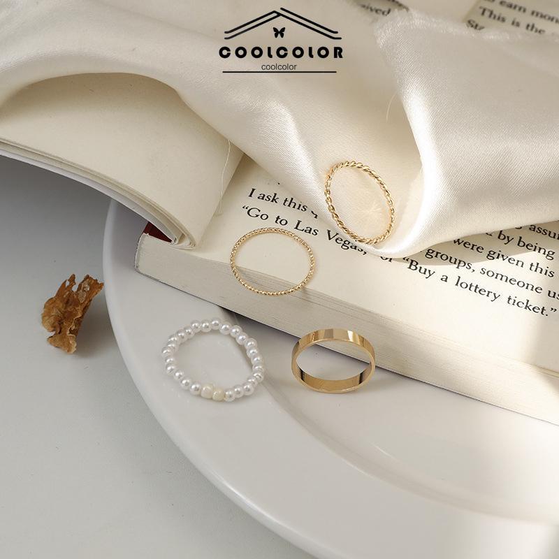 Murah❤️4 Pcs/Set Korea Wanita Mutiara Cincin Wanita Emas Cincin Logam Set Fashion Perhiasan Aksesoris- cl