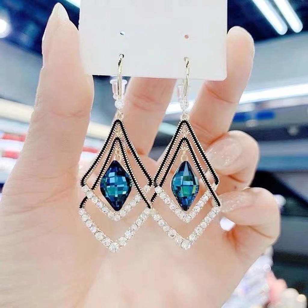 Hu Hu Hu Hu Hu Alat Bantu Pasang Kacamata♡ 1 Pasang Anting Kait Bentuk Belah Ketupat Lapisan Ganda Aksen Berlian Imitasi Berkilau Untuk Wanita