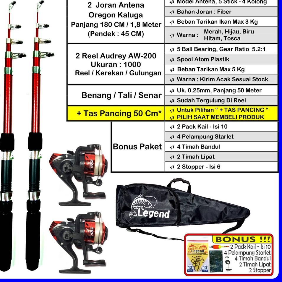 Update Terkini Pancing 2 SET Lengkap - Joran Antena 1,8 Meter Oregon Kaluga - Reel 5 BB - Dengan TAS/Tanpa Tas