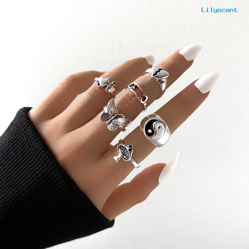 6pcs / Set Cincin Desain Butterfly Bahan Alloy Gaya Retro Stackable Untuk Aksesoris Perhiasan