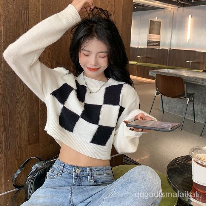 Croptop rajut lengan panjang wanita korea sweater atasan kotak-kotak sweater putih