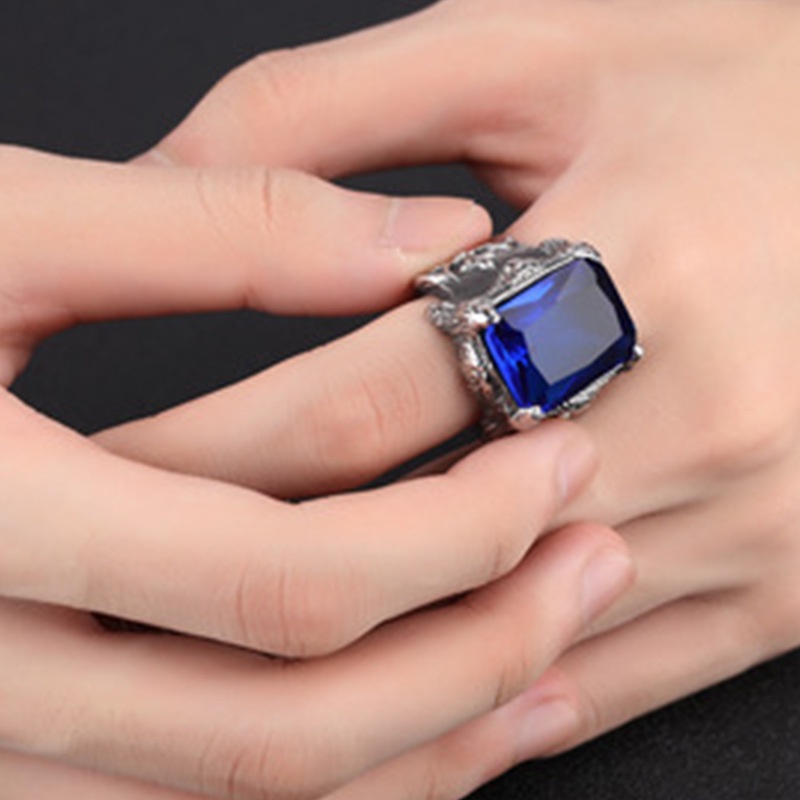 Cincin Berlian Bahan Stainless Steel Titanium Steel Gaya Vintage Untuk Pria Sapphire