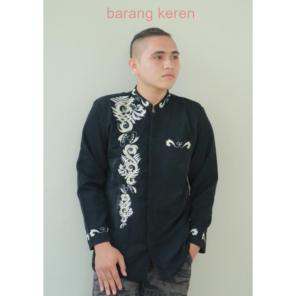 Baju Koko Busana Muslim Pria Jasko Jas Koko Hitam Bordir Lengan Tasik - Hitam- S