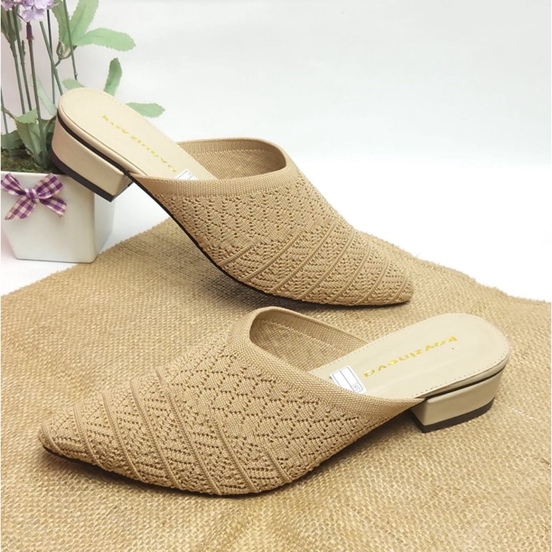 Kayzineva Sepatu Wanita Slip On Mules Rajut Import Hak 3cm