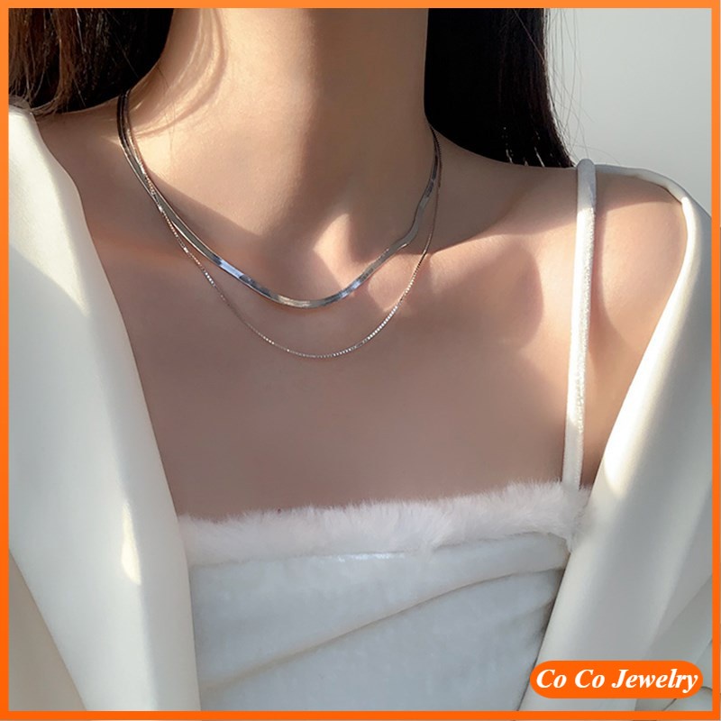 Kalung Rantai Klavikula Model Lapis Ganda Bahan S925 Silver Untuk Wanita