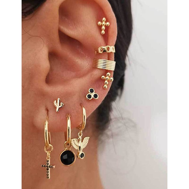 LRC Anting Tusuk Fashion Golden Cross Cactus Pigeon Ear Stud Set D63523