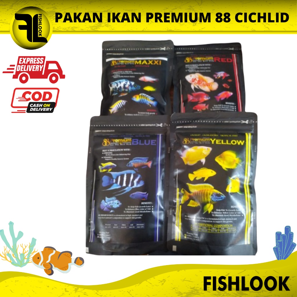 Pelet ikan Premium 88 cichlid Yellow Blue Red &amp; Maxxi cichlid 100 gr