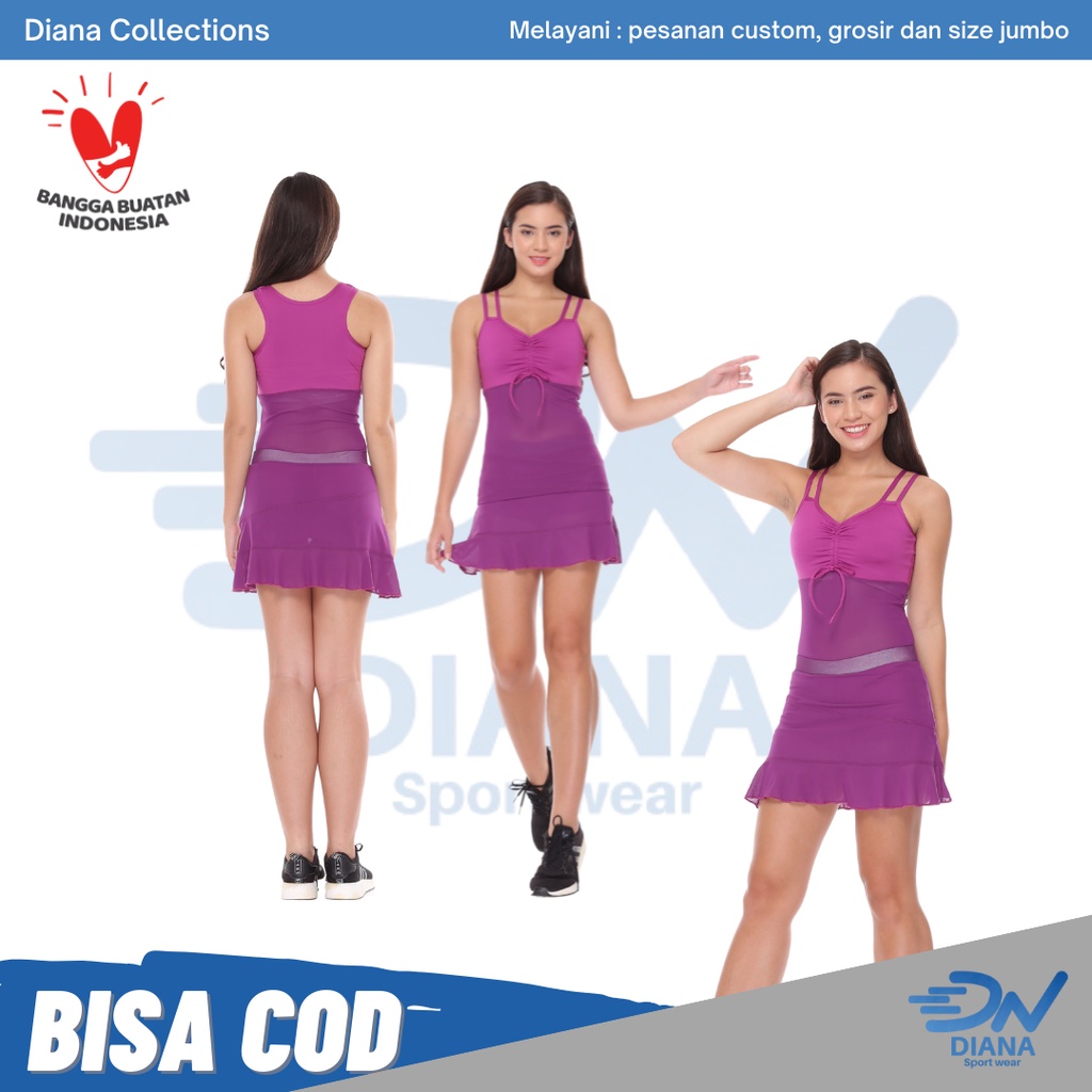 baju senam aerobik dalam ruangan stelan olahraga wanita rok dan tangtop ungu