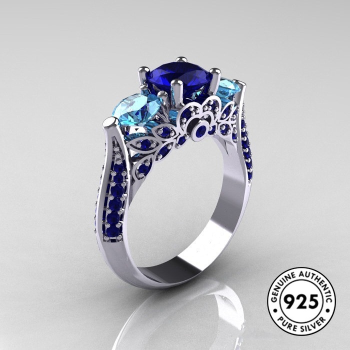 Cincin Kristal Berlian Biru Bahan S925 Silver