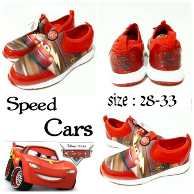 Sepatu anak junior cowok slip on speed cars gambar cars mcqueen warna merah santica