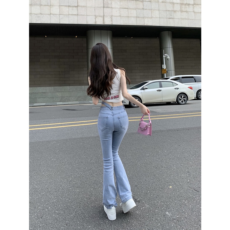 Celana Jeans Gaya Korea Stretch Skinny Jeans Wanita Biru Muda Pinggang Tinggi Slim Fit Slim Berkobar