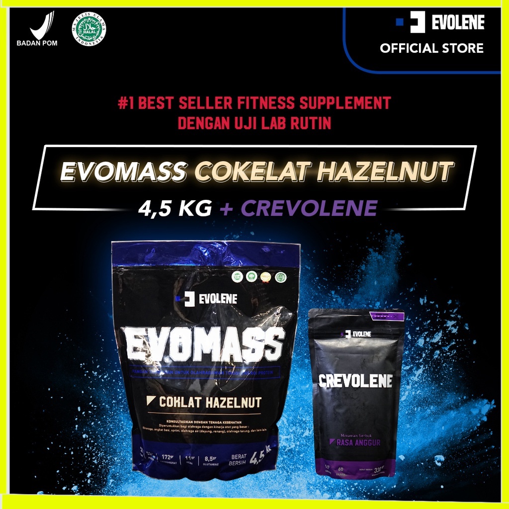 

Evolene Evomass Coklat Hazelnut 4500gr/20x serving + Crevolene 330gr/60x serving +Shaker Mass Gainer