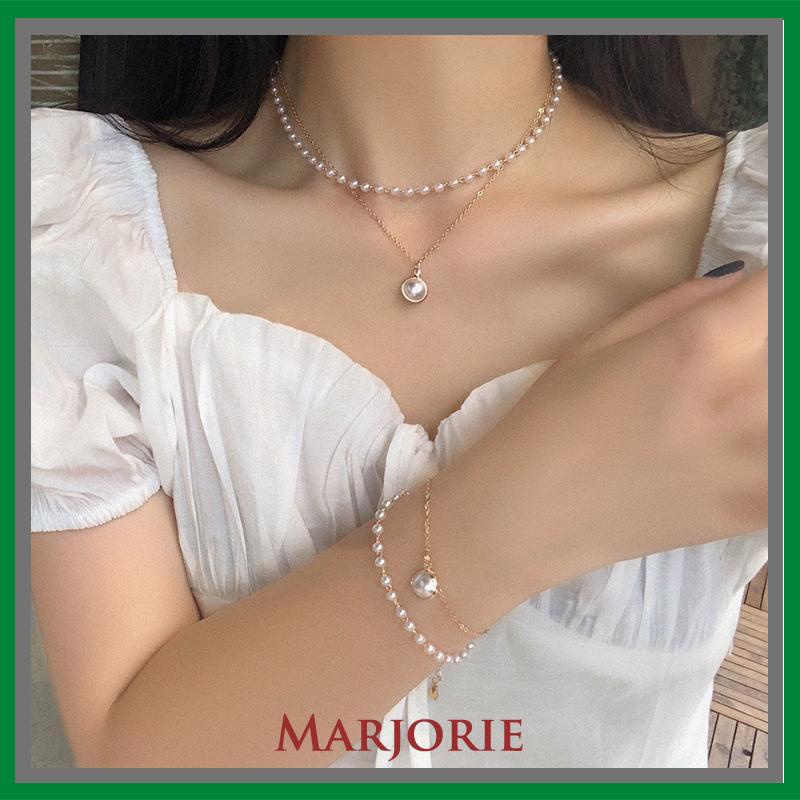 Fashion Retro Mutiara Logam Gaya Korea Kunci Kalung Multilayer Liontin Wanita Rantai Emas Kalung-MJD