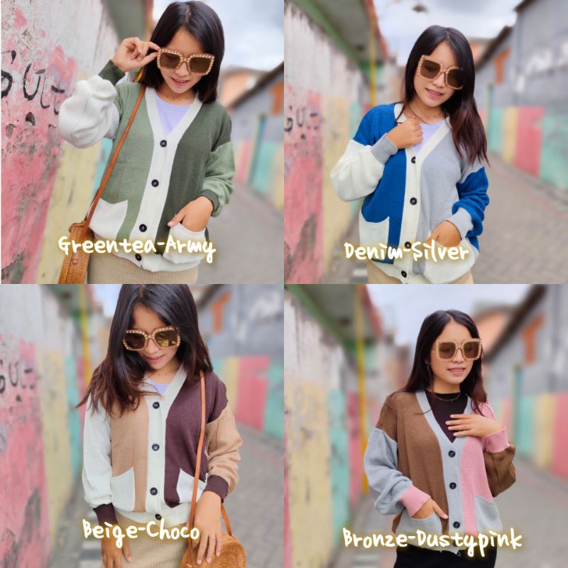 Cardigan Helena Mix Combo Twist Rajut Outer 3 Tone