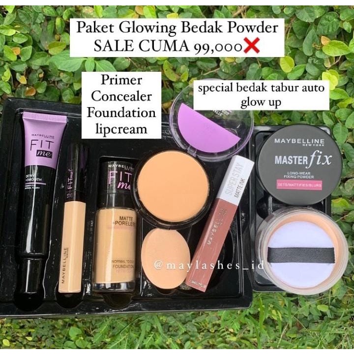 Maybelline Paket Glowing Bedak Powder Maybelline Foundation Primer Concealer Lip matte Cream Paket H