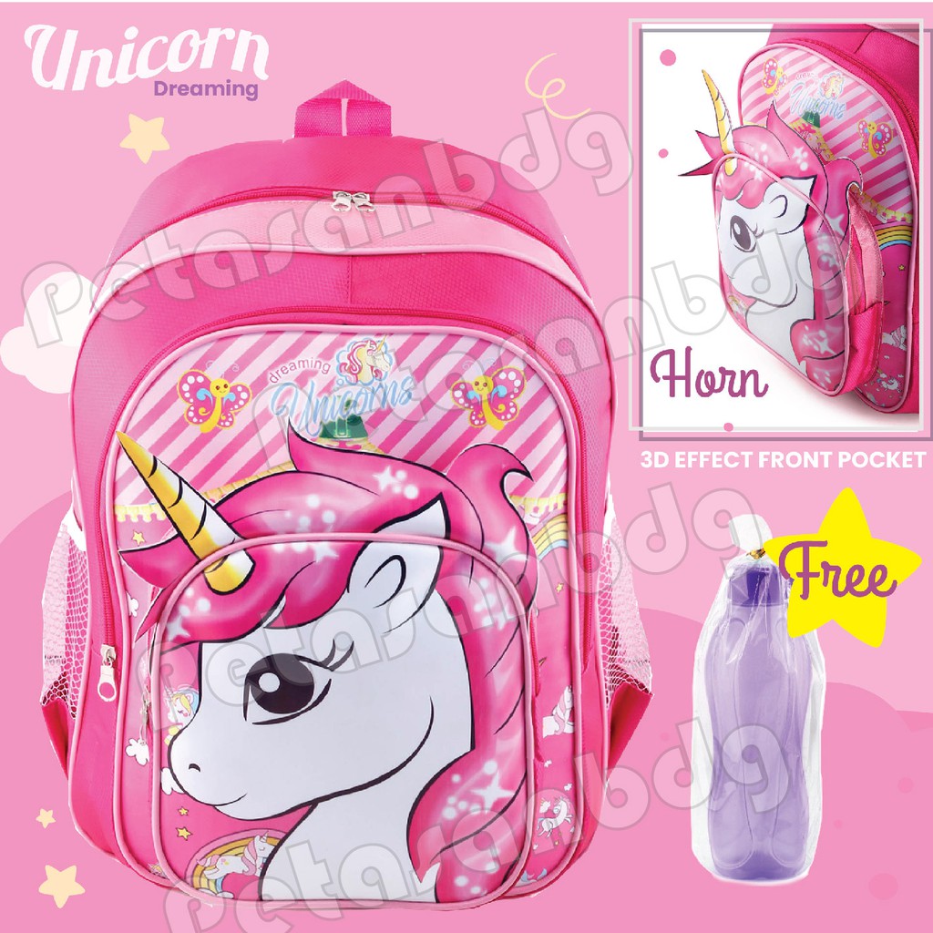 PTS - Ransel Sekolah Anak Perempuan Karakter - UNICORN - HORN 3D EFFECT - COOL BACKPACK + FREE BOTOL MINUM