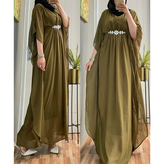 Hana Kaftan, KAFTAN WANITA MUSLIM CANTIK FIT XXL LD 120 BAHAN CERUTTY WITH FURING MIX MUTIARA ZIPPER BUSUI OOTD MODIS TERMURAH