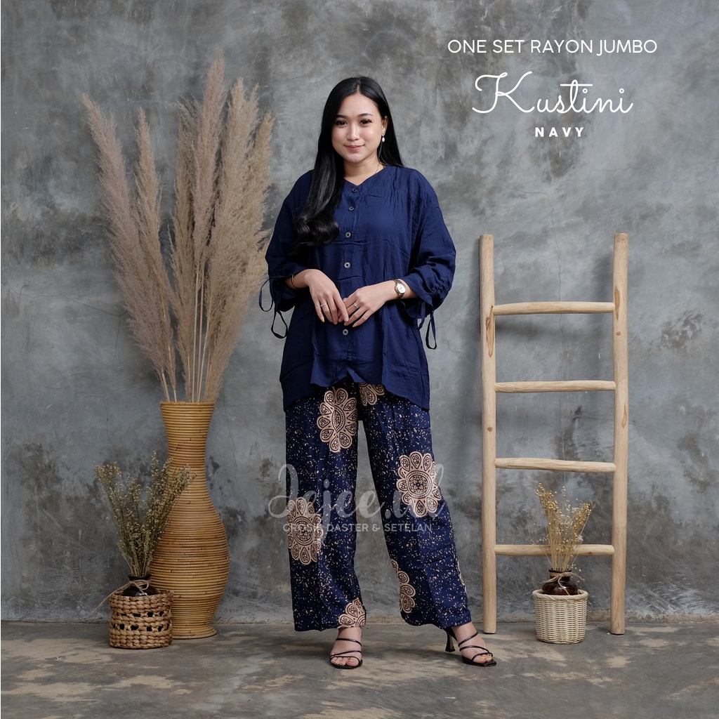 SETELAN RAYON JUMBO LD 120 CM BIG SIZE SUNDARI SET PIYAMA TIE DYE LENGAN PANJANG KANCING-KUSTINI-NAVY